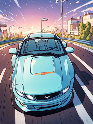masterpiece, best quality, high Resolution, toriyama_akira style
1girl, gray hair, gray eyes, wears sunglasses, viewer from ground
driving ford mustang convertable, racing painting, 
road, sky, city
