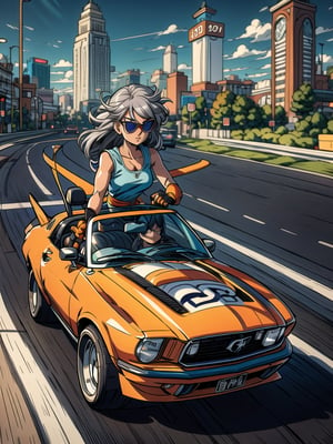 masterpiece, best quality, high Resolution, toriyama_akira style
car driver, expressive outfits, gray hair, long hair, nice brest,
driving 1970 ford mustang convertible, 1970 mustang convertible, wear sun glasses, wfingerless gloves, 
road, sky, city, morning, hair flying, racing car painting, looking_at_viewer, midjourney, 
