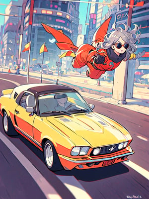 masterpiece, best quality, high Resolution, toriyama_akira style
1girl, expressive outfits, gray hair, long hair, nice brest
driver, driving 1970 ford mustang convertible, 1970 mustang convertible, wear sun glasses, wear gloves, 
road, sky, city, morning, hair flying, racing car painting looking_at_viewer, midjourney, 1 girl,pastel
