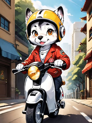masterpiece, best quality, high Resolution, chibi style, full shot
1dog, expressive outfits, gray hair, yellow eyes, exciting laughing
dog rider, riding honda super cub c50, super cub c50, wear half helmet, wear goggles, right claw on handle bar, ((left claw peace sign))
street, city, morning, hair flying, cute bag on shoulder, stikers on super cub c50, stikers on helmet, ani_booster, looking_at_viewer, cartoon,furry,furry girl
