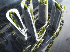 Futuristic skyscraper with a biomorphic design, lush vertical gardens, and soaring glass facade, inspired by Zaha Hadid, photographed by Candida Höfer --ar 16:9 --c 3,bird 's-eye view,DonM0ccul7Ru57,Void volumes,firefliesfireflies,El Cid