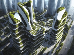 Futuristic skyscraper with a biomorphic design, lush vertical gardens, and soaring glass facade, inspired by Zaha Hadid, photographed by Candida Höfer --ar 16:9 --c 3,bird 's-eye view,DonM0ccul7Ru57,Void volumes,firefliesfireflies,El Cid