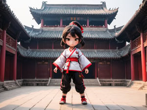 A girl, who studies martial arts, leaves the interior of a huge building where she lives in Suzhou, China.
