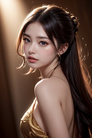 1girl, solo, 
half-length portrait photography, Chinese female, 25 years old, slightly fat,  a tear nevus under the tail of the left eye,  brown Colorful and textured background , backlight outline of hair, right-side light shot, low key lighting.  