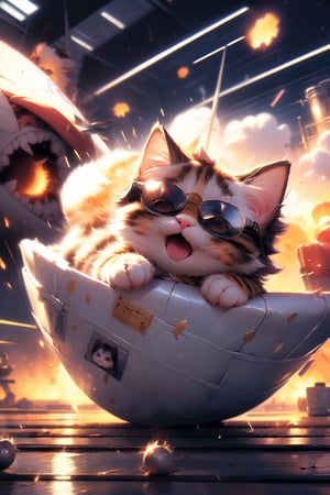 anime, masterpiece, best quality, absurdres, highres, ultra detailed, cat on a plane, plane in a motion, (motion blur, motion lines:1.4), (kawaii:1.3), (anime:1.4), cute, round eyes, cat wears sunglasses and a military cap, city, (explosion:1.2),cat