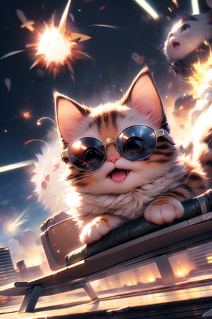 anime, masterpiece, best quality, absurdres, highres, ultra detailed, cat on a plane, plane in a motion, (motion blur, motion lines:1.4), (kawaii:1.3), (anime:1.4), cute, round eyes, cat wears sunglasses and a military cap, city, (explosion:1.2),cat
