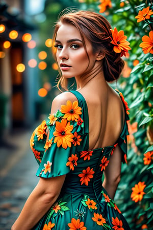 woman, flower dress, colorful, darl background,flower armor,green theme,exposure blend, medium shot, bokeh, (hdr:1.4), high contrast, (cinematic, teal and orange:0.85), (muted colors, dim colors, soothing tones:1.3), low saturation
