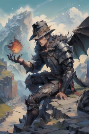 man against dragon on top of a mountain, man with black charro hat and assassin's suit, silver dragon with armor, the dragon is the size of a mountain, camera perception, masterpiece, medieval, medium long shot, cute details, super detailed,dragon,  detailed man face