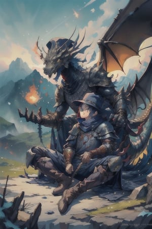 man against dragon on top of a mountain, man with black charro hat and assassin's suit, silver dragon with armor, the dragon is the size of a mountain, camera perception, masterpiece, medieval, medium long shot, cute details, super detailed,nodf_lora,firefliesfireflies,dragon