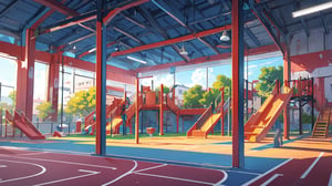 School playground on a track, no figures appear, super fine detail, 8K, amazing color scheme, masterpiece, distant view