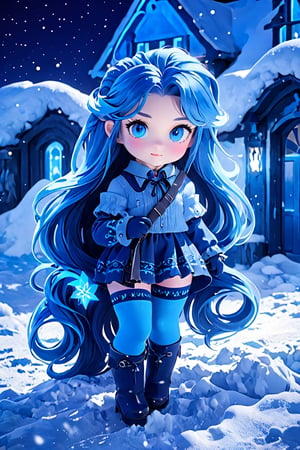 Intricate Details, Film Grain, Masterpiece, Midnight, high_res, Beautiful Lighting, 8K resolutions, girl, blue glow, blue long hair, pony hair, blue eyes, thigh_highs, snow, DonMW15p, Supernatural,
