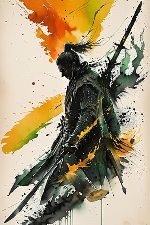 Official Art, Unity 8K Wallpaper, Extreme Detailed, Beautiful and Aesthetic, Masterpiece, Top Quality, perfect anatomy, a beautifully drawn (((ink illustration))) depicting, integrating elements of calligraphy, vintage, YELLOW and green accents, watercolor painting, concept art, (best illustration), (best shadow), Analog Color Theme, vivid colours, contrast, smooth, sharp focus, scenery,

solo, 1boy, holding, weapon, male focus, sword, holding weapon, armor, from side, mask, copyright name, holding sword, katana, sheath, orange theme, hunter \(bloodborne\), 

more detail XL,(Pencil_Sketch:1.2, messy lines