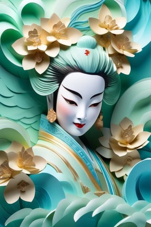 The meticulously crafted paper artwork features a lifelike, Peking Opera flower girl wearing a grandly decorated tiara. She wears a traditional and exquisite Chinese costume. The face is heavily made up and the skin is enhanced like white porcelain and white lacquer. The decoration on the head is very refined. Air bubbles float around, adding to the serenity of the scene. The background is a soft blue, green, and gold, and the entire composition is set on a curved wave-like pattern, giving the impression of flowing water. Wave of Light，closeup