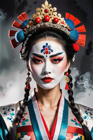 Chinese traditional ink painting, fine brush strokes, ink splash embellishments, Chinese Peking Opera actress, extremely gorgeous headdress, strong make-up, angry and serious expression, traditional Peking Opera gestures, strong sense of ambience.