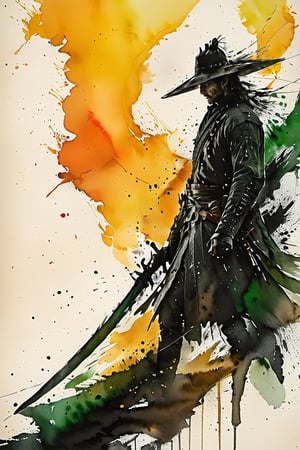 Official Art, Unity 8K Wallpaper, Extreme Detailed, Beautiful and Aesthetic, Masterpiece, Top Quality, perfect anatomy, a beautifully drawn (((ink illustration))) depicting, integrating elements of calligraphy, vintage, YELLOW and green accents, watercolor painting, concept art, (best illustration), (best shadow), Analog Color Theme, vivid colours, contrast, smooth, sharp focus, scenery,

solo, 1boy, holding, weapon, male focus, sword, holding weapon, armor, from side, mask, copyright name, holding sword, katana, sheath, orange theme, hunter \(bloodborne\), 

more detail XL,(Pencil_Sketch:1.2, messy lines