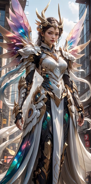 Poster, close-up, Full body, Shadow art, depicting a majestic and surreal landscape, in the center of which stands a stunning woman, surrounded by many unusual and exciting elements.
The woman should be dressed in a flowing, ethereal dress that appears to shimmer and glow in the soft golden light. To her left, a majestic iridescent dragon rises from the ground, its scales shimmering in a mesmerizing combination of colors. The dragon's wings are spread wide, as if ready to fly, his eyes seem to burn with an inner fire. To the woman's right, a brilliant crystalline structure rises from the ground, its edges reflecting the light in a dazzling display of colors. The structure appears alive, pulsating with a gentle blue light that seems to harmonize with the woman's presence. In the background, a swirling vortex of color and light seems to pull everything toward its center, as if the very fabric of reality is being distorted.