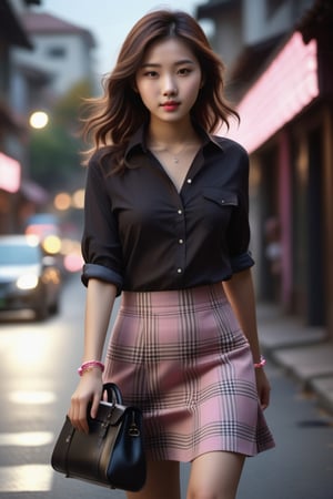 In autumn, a super beautiful Chinese 18-year-old girl with medium wavy hair, brown, white shirt, rolled up sleeves, pink plaid skirt, black handbag, bracelet, walking on the street, (slender body), surrealism, chiaroscuro, movie lights , Lens Flare, From Outside, From Side, Ultra HD, Textured Skin, High Detail, High Resolution