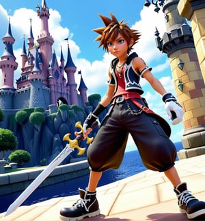 ((Exceptional UHD image, sharp and precise details. Style inspired by Kingdom Hearts 2, combining RPG and action-adventure elements.):1.3). | The game's cover features the main characters, Sora, Riku and Kairi, in dynamic and heroic poses, interacting with the Sword Keys and facing the Sinchoration Enemies. The setting is a mix of the different lands visited in the game, such as Meio City, Disney Castle and the Land of Dragons. | Three-dimensional and balanced composition, with emphasis on the characters and the game logo "Kingdom Hearts 2" at the top of the cover. | With cinematic lighting, particle effects and vibrant colors, the cover conveys a sense of adventure, friendship and the fight against dark forces. | Cover of the game Kingdom Hearts 2, featuring the main characters in action and the game logo. | ((perfect anatomy, perfect body)), ((more_than_one_pose, perfect_pose)), ((perfect fingers, better hands, perfect hands, perfect legs, perfect feet)), ((perfect design)), ((correct errors):1.2), ((perfect composition)), ((very detailed scene, very detailed background, correct imperfections, perfect layout):1.2), ((More Detail, Enhance)).,disney pixar style