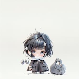 1girl, solo, looking at viewer, short hair, bangs, simple background, black hair, long sleeves, dress, closed mouth, standing, grey background, black eyes, blue dress, hand in pocket, realistic,a blue uniform with white trim and colla