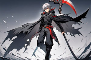 solo, looking at viewer, 1boy, holding, hair between eyes, closed mouth, standing, weapon, gray hair, eyes red , male focus, boots, belt, pants, hood, medium hair, cape, black footwear, holding weapon, gradient, torn clothes, gradient background, black pants, (in combat position): 1.2, cloak, black cape, scythe, black cloak, holding scythe, torn cape,DonM5cy7h3XL