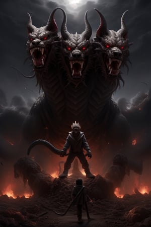 Cerberus a three-headed dog from Greek tradition, which guards the entrance to hell, a three-headed monster with a snake for a tail, dark fur, red high lights,  flaming red eyes,  magical creature, supernatural aura, fangs, mouth open mid growl, destruction in background ,full image ,monster,no human