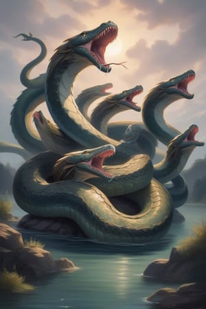 an ancient and merciless chthonic aquatic monster, shaped like a multi-headed snake (whose number of heads ranges from three, five, seven) and poisonous breath. The heads are dragons, in its lair the lake,dragonyear
