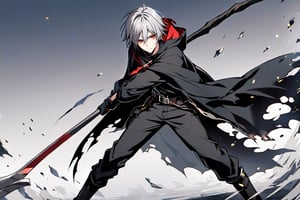 solo, looking at viewer, 1boy, holding, hair between eyes, closed mouth, standing, weapon, gray hair, eyes red , male focus, belt, pants, hood, medium hair, cape, black footwear, holding weapon, gradient, torn clothes, gradient background, black pants, (in combat position): 1.2, cloak, black cape, scythe, black cloak, holding scythe, torn cape,