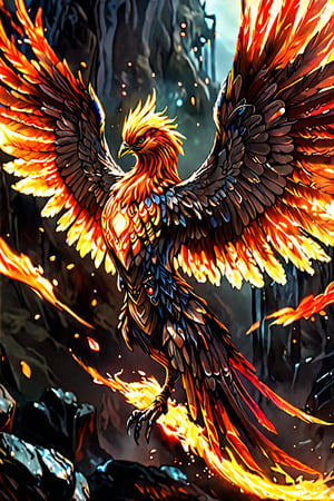 a phoenix, a large bird, with orange and red feathers, wings wrapped in fire, glowing embers, glowing, detailed sci-fi fantasy background,gbaywing,potma style,DRG