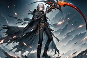 solo, looking at viewer, 1boy, holding, hair between eyes, closed mouth, standing, weapon, gray hair, eyes red , male focus, boots, belt, pants, hood, medium hair, cape, black footwear, holding weapon, gradient, torn clothes, gradient background, black pants, (in combat position): 1.2, cloak, black cape, scythe, black cloak, holding scythe, torn cape,DonM5cy7h3XL