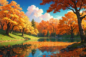 small round shaped lake, forest, orange leaves, trees, (spring), blue sky, detailed, trending on artstation