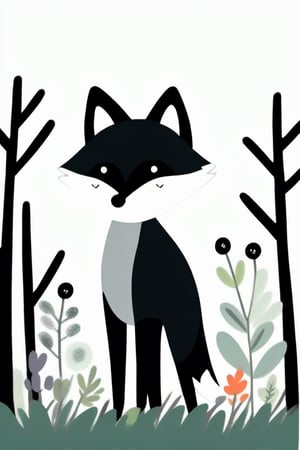 healing fox, simple black eyes, the fox looks at the viewer, grass, trees, children's book drawing