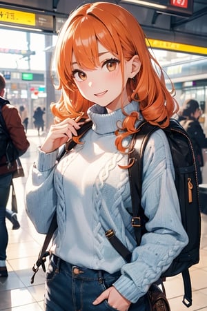 1girl, petite, curly orange hair, (long hair), V eyebrows, (detailed face), brown eyes, smiling, (freckles:0.6), long sleeve sweater, (light blue sweater), turtleneck, backpack, loose trousers, gray trousers, sexy, at subway station, highres, 4k, photo real