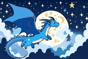 A healing blue dragon flying through the sky, starry night sky, wallpaper, best quality