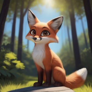 (by qupostuv35:1.2), (by hoot:0.6), full body, a (female fox), furry female, animal, quadruped, (detailed face), perfect brown eyes, shapely body, smile, looking at viewer, standing, forest, on a sunny day, absurdres, 4k. ultra realistic, highest quality