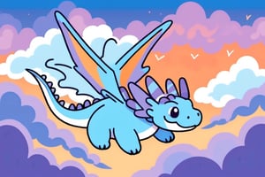 A healing blue dragon flying through clouds, cute, purple orange sky