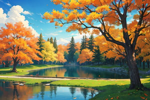 small lake, lake in the middle, surrounded by trees, orange leaves, spring season, blue sky, detailed, trending on artstation