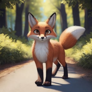 (by qupostuv35:1.2), (by hoot:0.6), a (female fox), furry female, animal, quadruped, (detailed face), perfect brown eyes, smile, looking at viewer, walking, forest, on a sunny day, absurdres, 4k. ultra realistic, highest quality