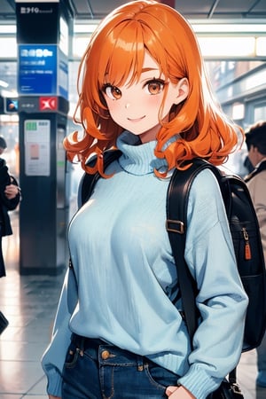 1girl, petite, curly orange hair, (long hair), V eyebrows, (detailed face), brown eyes, smiling, (freckles:0.6), long sleeve sweater, (light blue sweater), turtleneck, backpack, (loose black denims), sexy, at subway station, highres