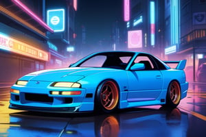Cyberpunk, neon lights, futuristic car, nissan 180sx, blue, white race strips, night, detailed background masterpiece, best quality, ultra-detailed, very aesthetic, illustration, perfect composition, intricate details, absurdres, no humans