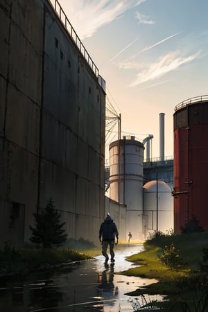 a grey fox walking along the river, dark atmospheric, Russia, factory silo in background, realism, (vignette)