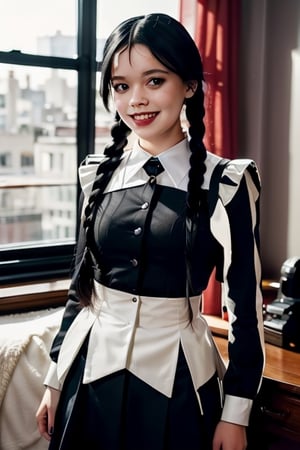 photography portrait, 1girl, (Wednesday Addams), skinny shapely body, long sleeve outfit, (smile:1.2), proud mood, standing, indoors, bedroom, (at night), looking at viewer, detailed face, brown eyes, perfect eyes, (side view:0.6)