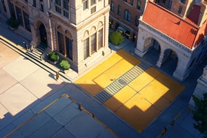plaza view from the street, yellow floor, sandstone, Egyptian, sharp shadows, (vignette), slightly high view angle