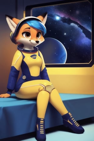 (by qupostuv35:1.2), (by hoot:0.6), a (cute fox), furry female, (anthropomorphic, humanoid), brown eyes, (detailed face), skinny shapely body, (spacesuit, space helmet), (light yellow body:1.2), (short blue hair), smiling, sitting, spaceship bed, starry galaxy outside the window, absurdres, 4k. ultra realistic, highest quality