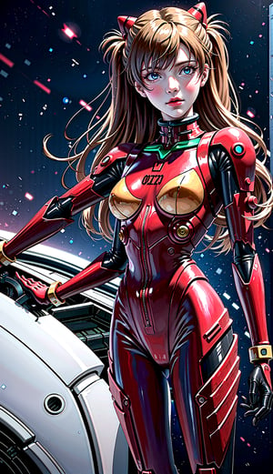 Asuka Langley a spaceship pilot in a latex suit with robotic limbs, laying down in a pod, in a cyberpunk setting, cyborg, implants, high details, realistic, photorealism, 8k,souryuuasukalangley