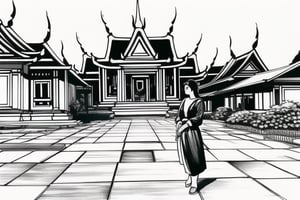((Generate hyper realistic ink sketch image of captivating Thai scene featuring an attractive woman)), housewife,  Beautiful, long hair. in traditional  house, rural background, High quality, realistic, Masterpiece. background detailed, ambient lighting, extreme detailed, hyperdetailed:1.2) (high quality), masterpiece, (clothes with intricate details) highly detailed, vibrant