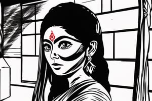 ((Generate hyper realistic ink sketch image of a captivating Indian attractive woman)), Beautiful, long hair. inside a traditional Indian rural background, High quality, realistic, Masterpiece. ambient lighting, extreme detailed, hyperdetailed:1.2) (high quality), masterpiece, 