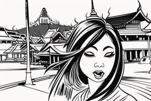 ((Generate hyper realistic ink sketch image of captivating Thai scene featuring a stunning woman)), close-up portrait,  Beautiful, long hair,  mouth_open. inside traditional Rural Thai village background, High quality, realistic, Masterpiece. background detailed, ambient lighting, extreme detailed, hyperdetailed:1.2) (high quality), masterpiece, (clothes with intricate details) highly detailed, vibrant
