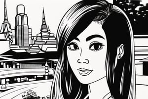 ((Generate hyper realistic ink sketch image of captivating Thai scene featuring an attractive woman)), close-up portrait,  Beautiful, long hair. Thai city background, High quality, realistic, Masterpiece. background detailed, ambient lighting, extreme detailed, hyperdetailed:1.2) (high quality), masterpiece, (clothes with intricate details) highly detailed, vibrant