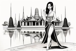 ((Generate hyper realistic ink sketch image of captivating Thai scene featuring a stunning woman)) Full body portrait, complex Ayutthaya background, Beautiful, Black hair, Red mouth, High quality, realistic, Masterpiece. background detailed, ambient lighting, extreme detailed, hyperdetailed:1.2) (high quality), masterpiece, (clothes with intricate details) highly detailed, vibrant, 