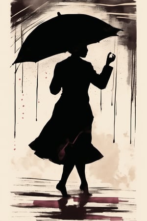 A captivating ink art masterpiece featuring a woman dancing in the rain, swinging an umbrella. The sumi-e art style showcases her graceful movements, with the crumpled vintage paper adding a touch of nostalgia. Her swirling hues creating a mesmerizing contrast against the muted tones.  creating a truly enchanting scene that combines illustration, and conceptual art.